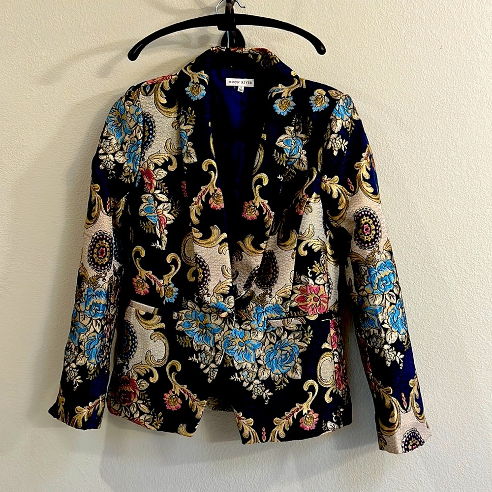 Moon River Dark Navy brocade blazer jacket, size S